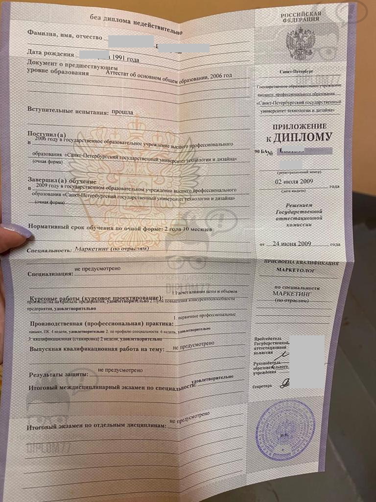 Приложение к диплому СПО из СПбГУТД по специальности 